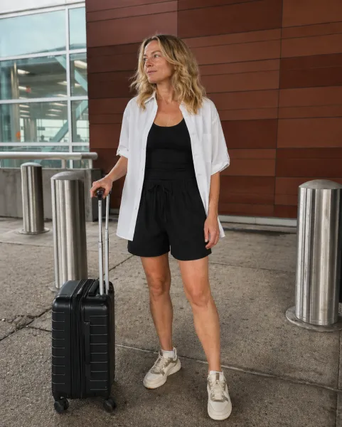 Boarding Pass Energy outfit featuring black and white coordinated set and white sneakers