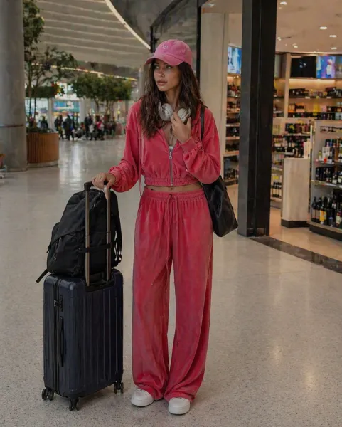Casual Airport Outfit featuring pink tracksuit and minimalist tote