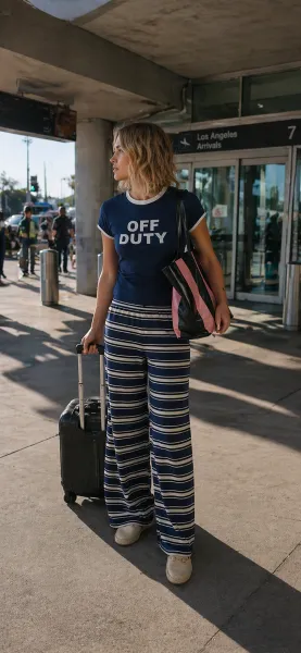 Casual Travel Look outfit featuring striped pants, graphic tee, and large tote bag