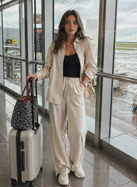 Minimal Airport Look outfit featuring apricot satin suit and square neck top