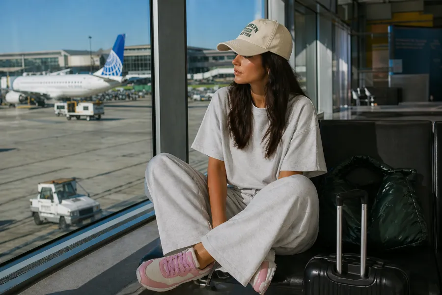 Quiet Transit outfit featuring soft lounge set, white sneakers, and baseball cap