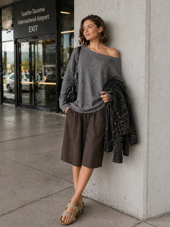 Airport Sweater With Receipts travel outfit featuring a sweater and denim jacket