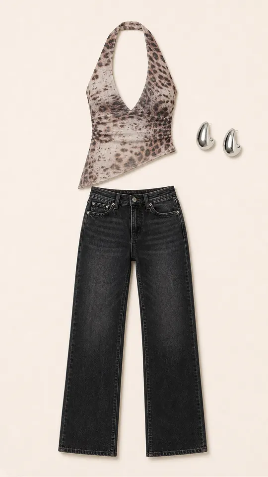 Asymmetric Halter Exit animal print outfit flatlay with Leopard Mesh Asymmetric Halter Top, Shayna Low Rise Straight Leg Jeans, Goes With Everything Chunky Stud Earrings