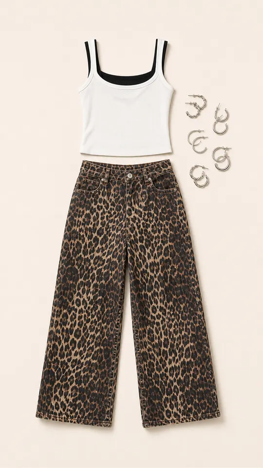 Baggy Jeans Bite Back animal print outfit flatlay with Leopard Printed Low Rise Baggy Jeans, Layered Contrast Ribbed Tank Top, Hoop Earrings Pack