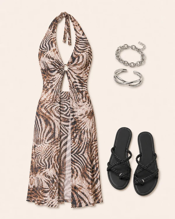 Beach House Zebra Bailout flatlay with At The Beach House Sheer Zebra Halter Maxi Swim Cover Up Dress, Rosaline Flat Sandals, Unbreakable Bond 2 Piece Bracelet Set