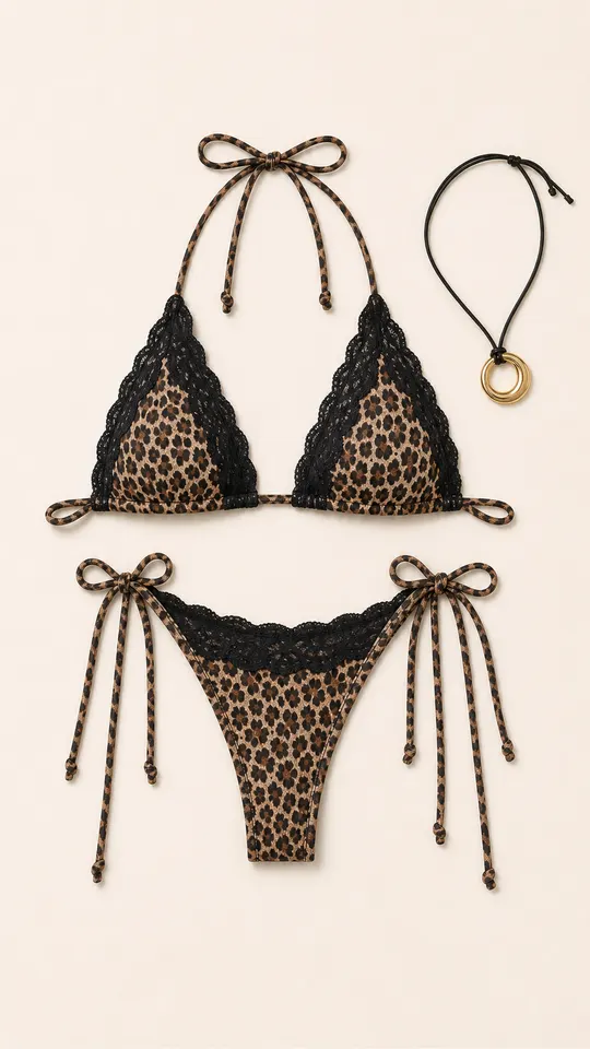 Beach Leopard With Jewelry animal print outfit flatlay with Lacey Leopard Triangle Bikini Top, Lacey Leopard String Bikini Bottom, Hoop Cord Necklace