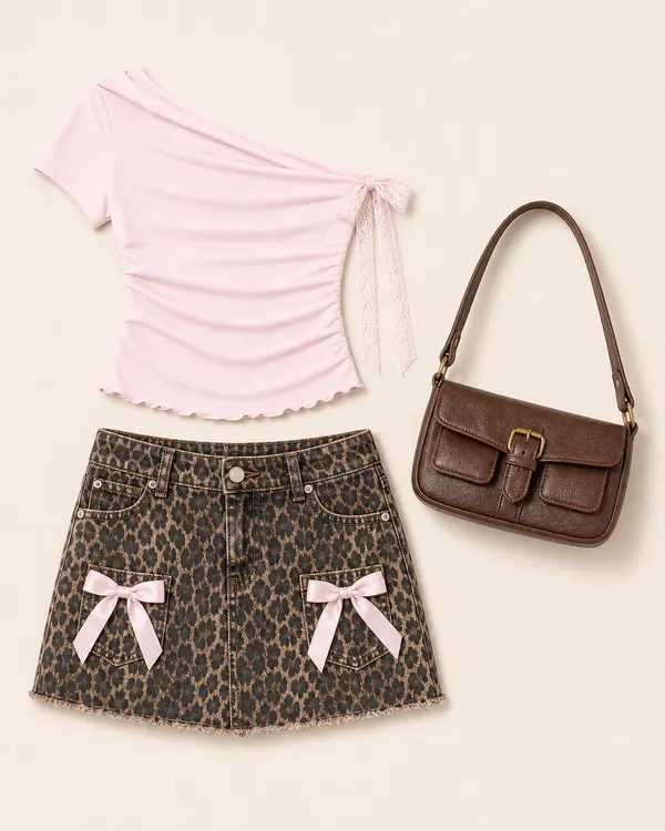Bow Pocket Mini Mischief animal print outfit flatlay with Bow Pocket Leopard Printed Denim Mini Skirt, Lace Bow Asymmetric Top, Faux Leather Buckle Bag