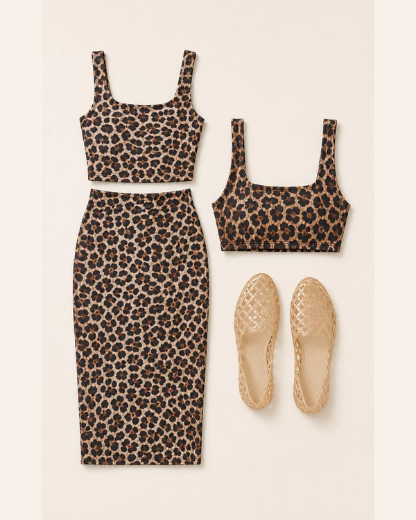 Bratty Skirt, Bikini Side Quest flatlay with It's A Bratty Night Midi Skirt Set, Maui Mix And Match Tank Shirt Bikini Top, Annalise Jelly Mesh Flats