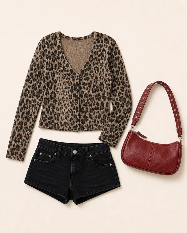 Cardigan With Red Bag Nerve animal print outfit flatlay with Leopard Printed V Neck Cardigan, Margie Low Rise Denim Micro Shorts, Studded Strap Faux Leather Bag
