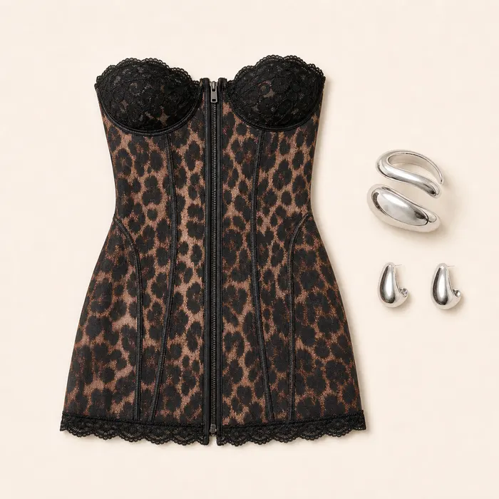 Corset Mini Claw Marks animal print outfit flatlay with Leopard Lacey Printed Corset Mini Dress, Wrapped Arm Cuff, Goes With Everything Chunky Stud Earrings