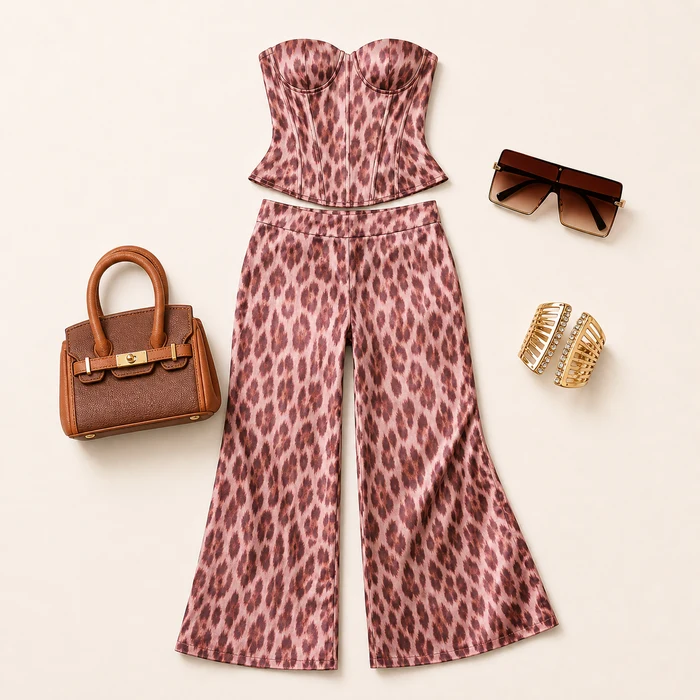Corset Set Has Errands flatlay with Melania Satin Corset Pant Set, Daydream Colorblock Satchel Handbag, You Wish You Could Sunglasses, Social Hour Bracelet