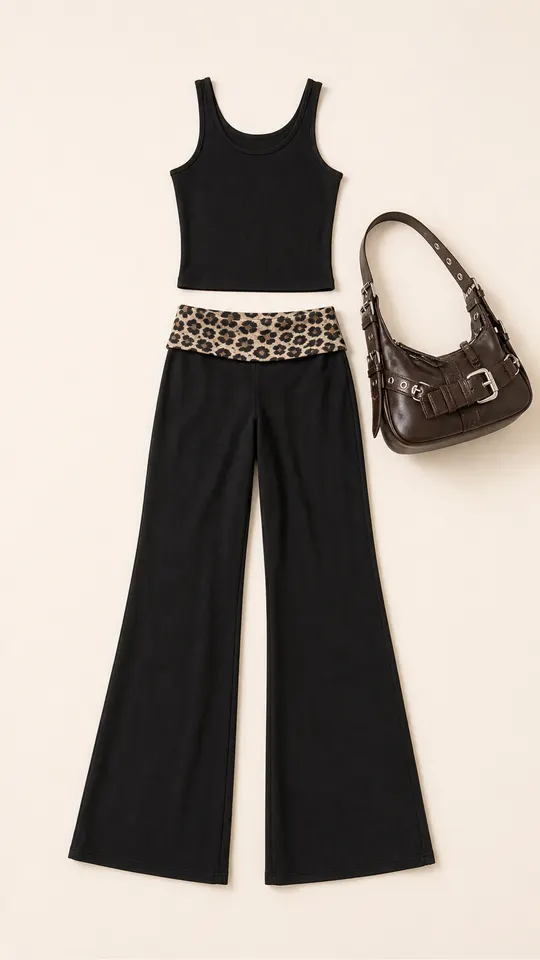 Foldover Pants Field Trip animal print outfit flatlay with Leopard Foldover Pants, Basic Babe Tank Top, Belted Faux Leather Bag