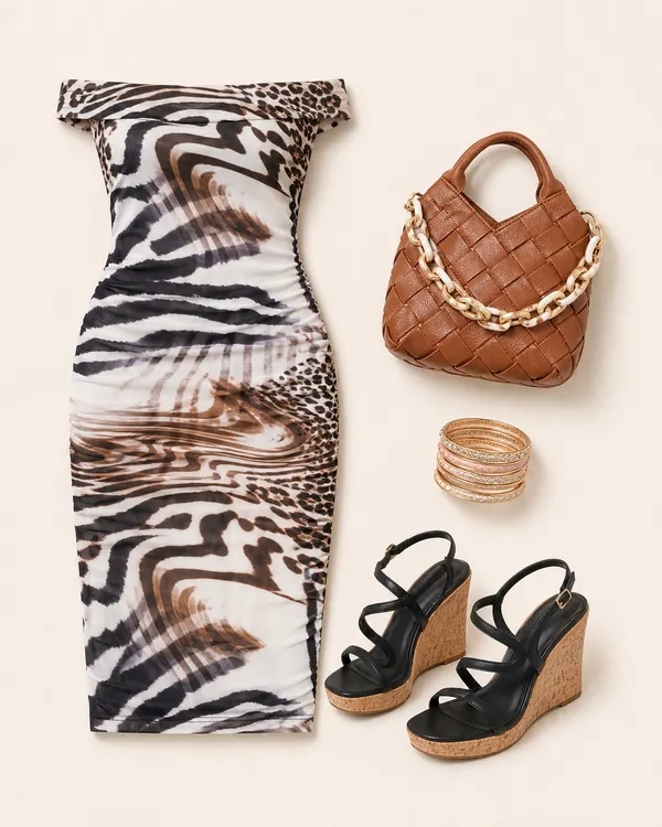 Freya Packed A Purse animal print outfit flatlay with animal midi dress, black wedges, woven cognac bag, and pink-gold bracelets