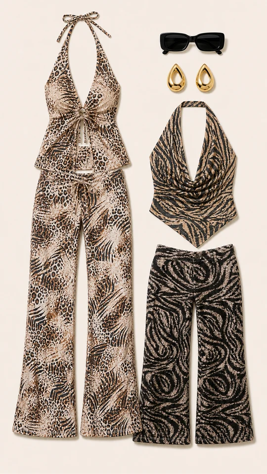 Halter Set With Backup Dancers flatlay with Ashanti Animal Print Halter Pant Set, The Coolest Sunglasses, True Vision Drop Earrings, Zanna Zebra Cowl Neck Asymmetrical Mesh Top, Anaya Textured Knit Abstract Low Rise Pant