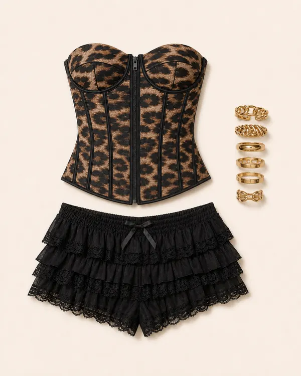 Lennox Corset Ring Check animal print outfit flatlay with Lennox Leopard Print Mesh Corset, Unicorn Layered Ruffle Shorts, Must Have Ring Pack