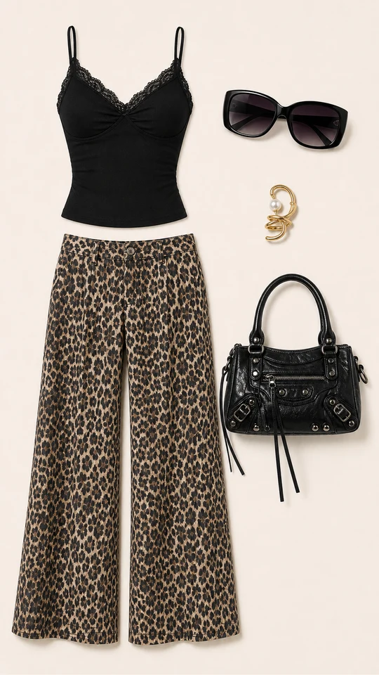 Leopard Pants, Tiny Court Case flatlay with On The Hunt Wide Leg Leopard Trouser Pant, Sienna Lace Trim Cami Top, High Ratings Handbag, Rose View Sunglasses, Mermaid Catch Pearl Ear Cuff