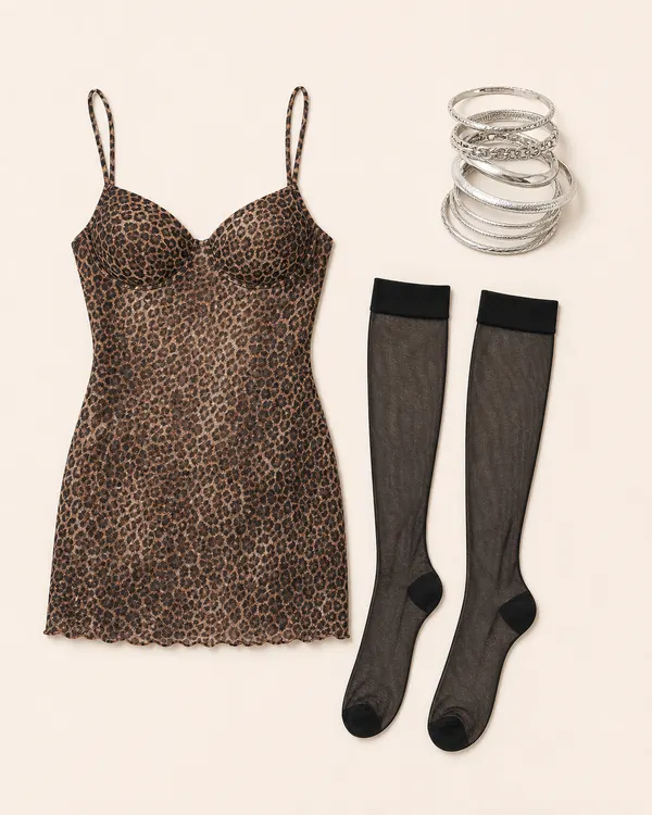 Mesh Mini Sock Plot animal print outfit flatlay with Leopard Print Mesh Mini Dress, Sheer Mesh Knee High Socks, Bangle Bracelet Pack