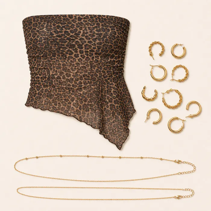 Mesh Tube Top Afterparty animal print outfit flatlay with Leopard Printed Sheer Mesh Tube Top, Hoop Earrings Pack, Sissy Pack Of 2 Belly Chains