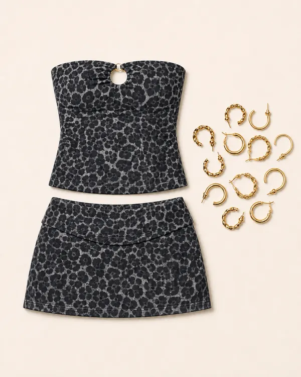 Narah Two-Piece Plot animal print outfit flatlay with Narah Leopard Printed Tube Top, Narah Leopard Printed Mini Skirt, Hoop Earrings Pack