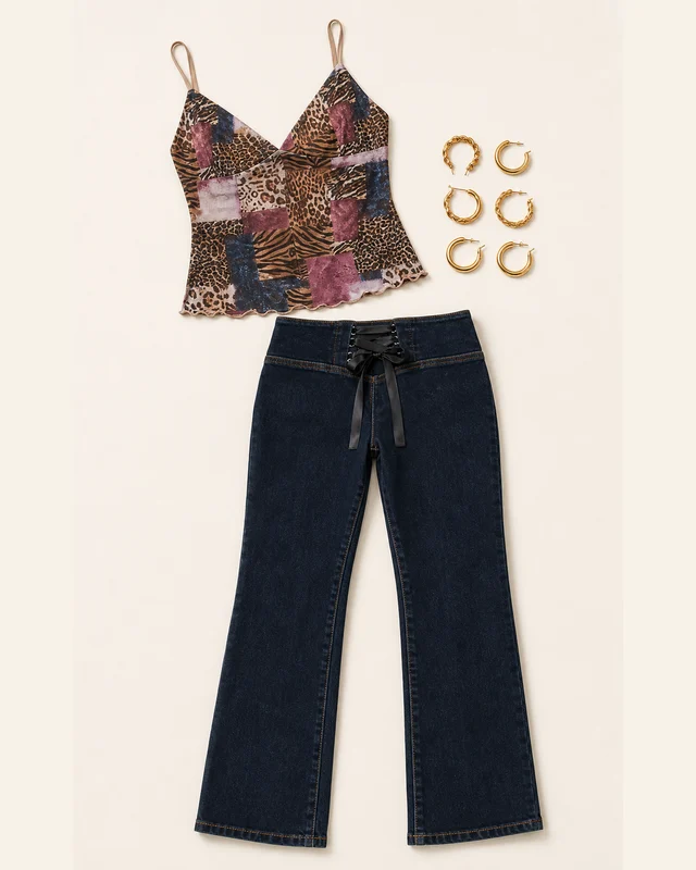 Patchwork Tank, Zero Apologies animal print outfit flatlay with a mixed animal print mesh tank top, dark lace-up low-rise jeans, and gold hoop earrings