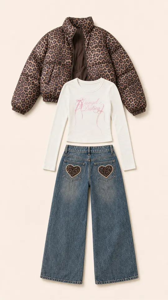 Puffer Jacket Leopard Stack animal print outfit flatlay with Dalya Leopard Printed Puffer Jacket, Damsel Long Sleeve T Shirt, Leopard Heart Low Rise Baggy Jeans