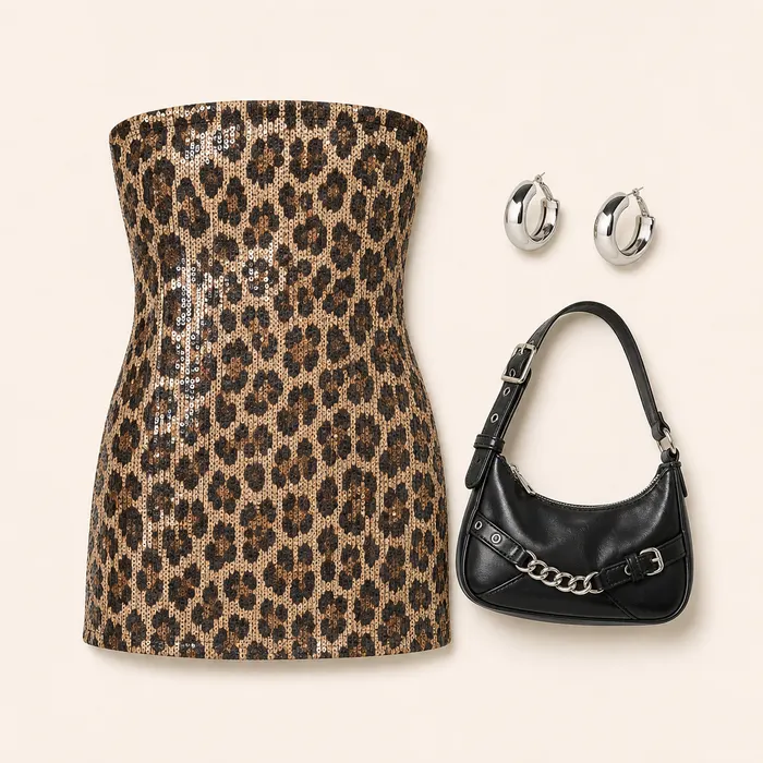Sequin Mini Bag Evidence animal print outfit flatlay with Sequin Leopard Printed Mini Dress, Buckle & Chain Shoulder Bag, Lux Wide Hoop Earrings