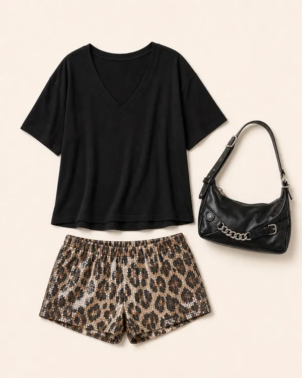 Sequin Shorts Situation animal print outfit flatlay with Sequin Leopard Printed Micro Shorts, Loose Fit V Neck T Shirt, Buckle & Chain Shoulder Bag