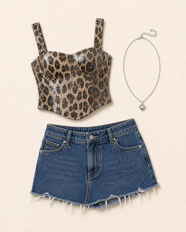 Sequin Top Denim Detour animal print outfit flatlay with Sequin Leopard Printed Top, Clementine Low Rise Denim Micro Skort, Mini Heart Pendant Necklace