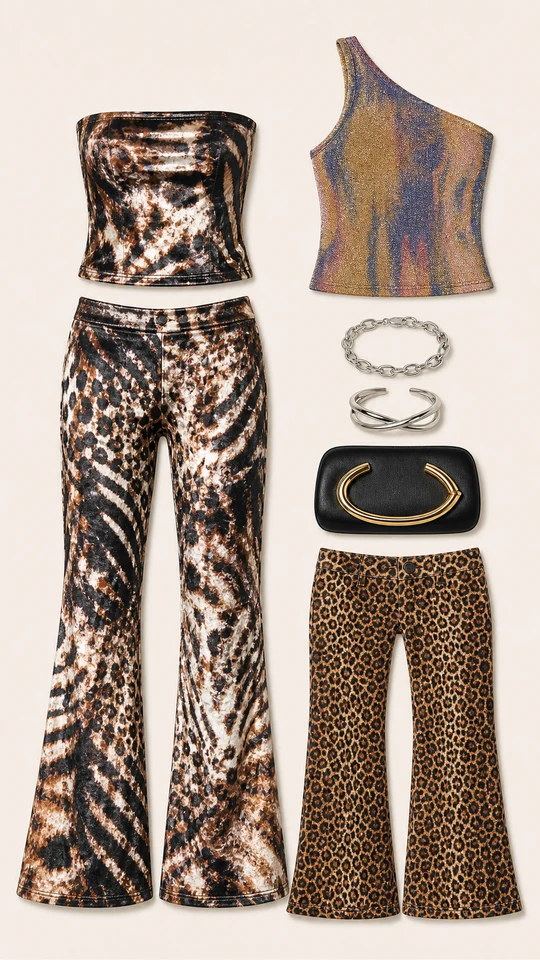Velvet Leopard Exit Poll flatlay with Julie Velvet Leopard Flare Pant Set, Feline Behavior Leopard Flare Pant, Unbreakable Bond 2 Piece Bracelet Set, Most Modest Clutch, Emiko Abstract Metallic One Shoulder Top