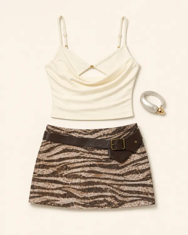 Wendi Skirt Wrist Drama animal print outfit flatlay with Wendi Mixed Animal Print Mini Skirt, Layered Bra Cowl Neck Top, Mixed Tone Wrap Cuff Bracelet
