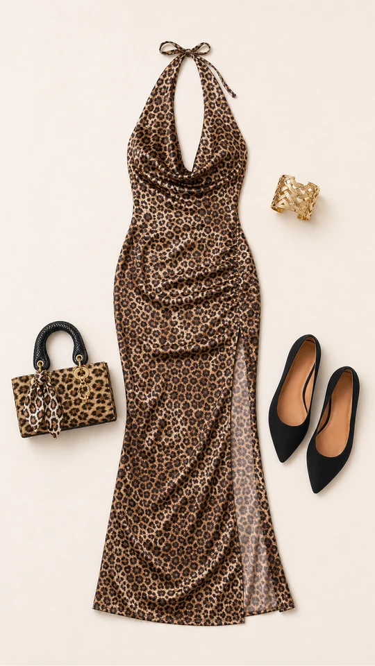 Wild Satin Plus One flatlay with Kiss Of The Wild Leopard Satin Maxi Dress, Little Door Handbag, Leveling Up Cuff Bracelet, Linda Ballet Flats