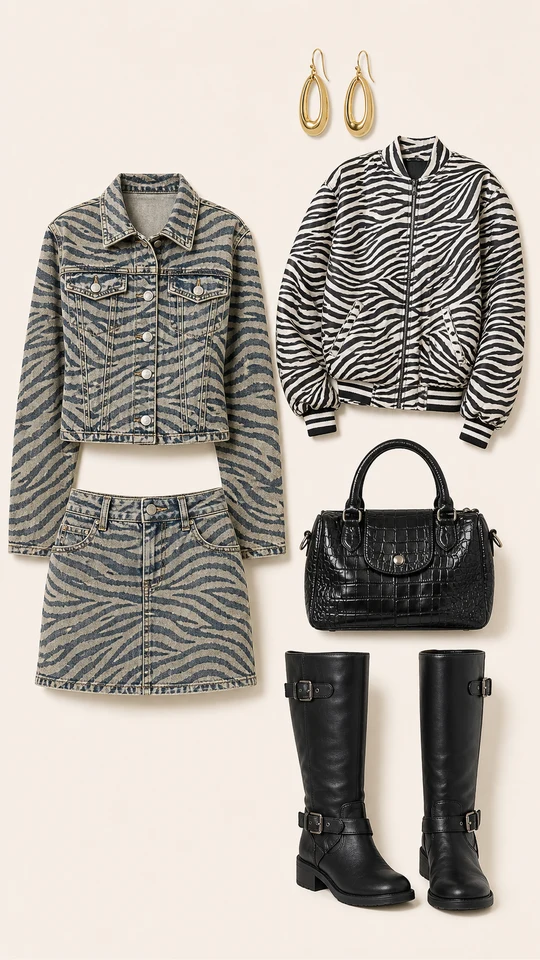 Zebra Denim Committee Meeting flatlay with Kamila Denim Zebra Print Jacket Skirt Set, Zane Zebra Oversized Bomber Jacket, Viper Bite Faux Leather Satchel Handbag, Malia Knee High Moto Boots, Oval Aura Drop Earrings