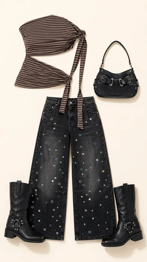 Asymmetric Last-Minute Invite birthday outfit flatlay with striped asymmetric top, rhinestone jeans, moto boots, and black shoulder bag