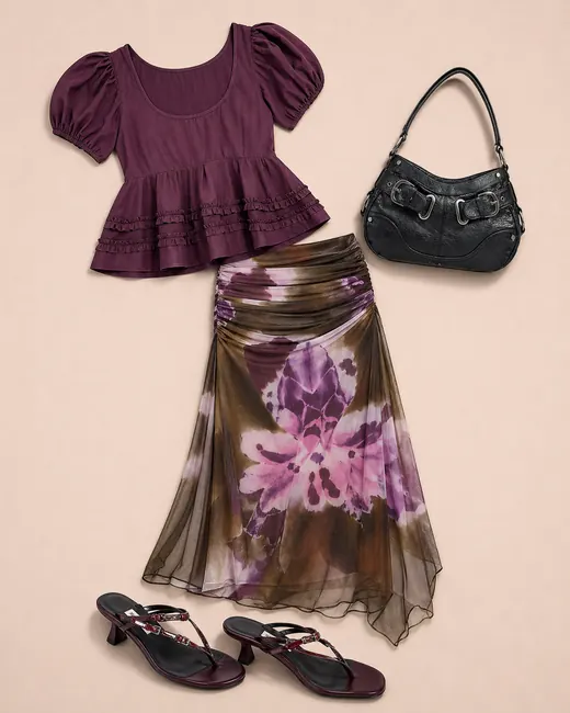 Fig Joy Dinner Guest birthday outfit flatlay with purple blouse, floral mesh skirt, burgundy sandals, and black shoulder bag