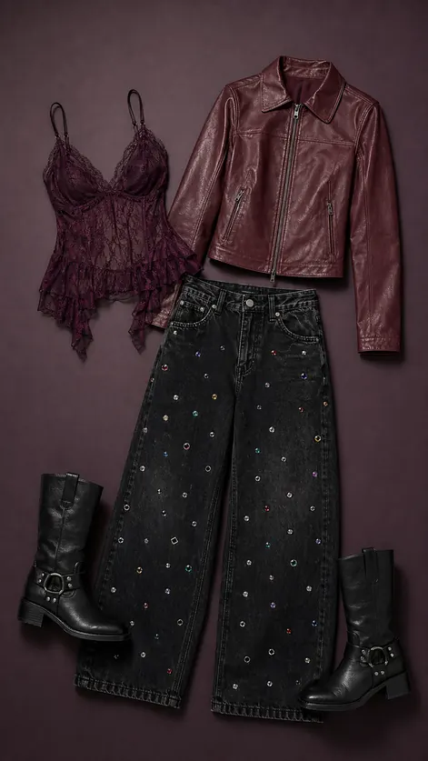 Plum Lace Afterparty birthday outfit flatlay with plum lace cami, rhinestone jeans, burgundy leather jacket, and black moto boots
