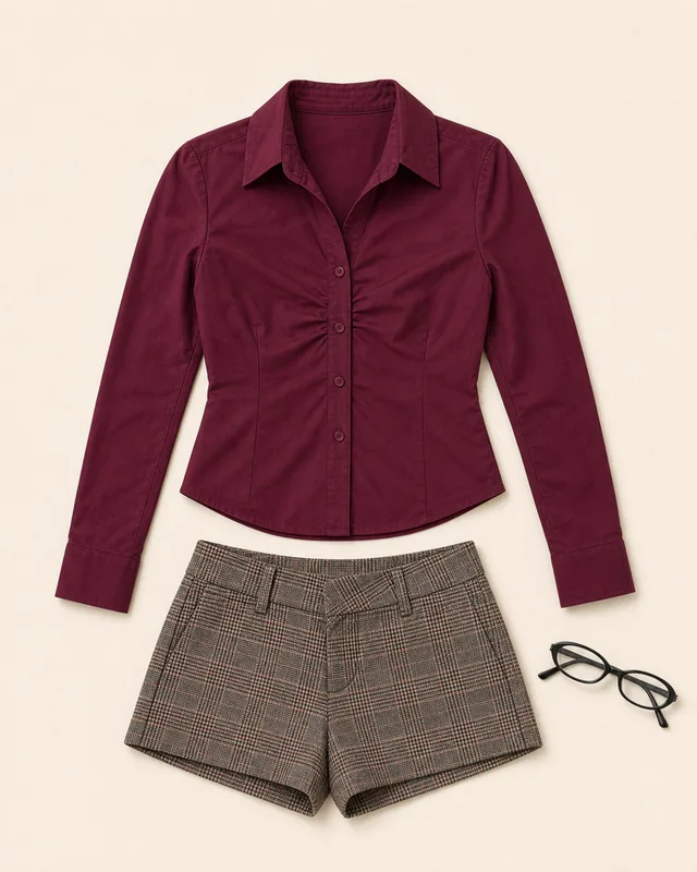 Burgundy Plaid Blue-Light Alibi button up shirt outfit flatlay with Laurna Tailored Button Up Shirt, Ayvey Plaid Tailored Micro Shorts, Lemmy Oval Blue Light Glasses