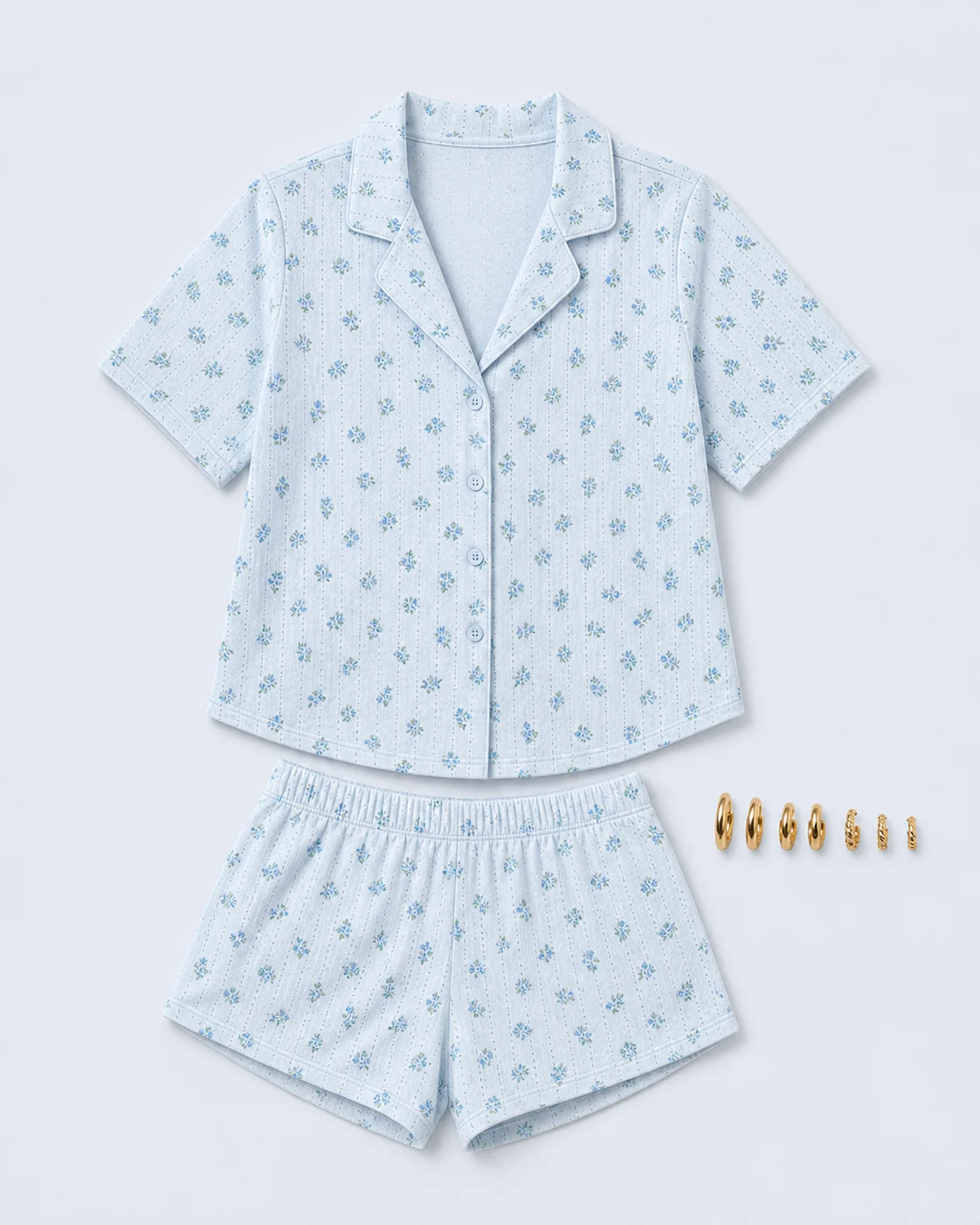Camden Pointelle Breakfast Club button up shirt outfit flatlay with Camden Floral Pointelle Button Up Shirt, Camden Floral Pointelle Shorts, Mini Hoop Earrings Pack