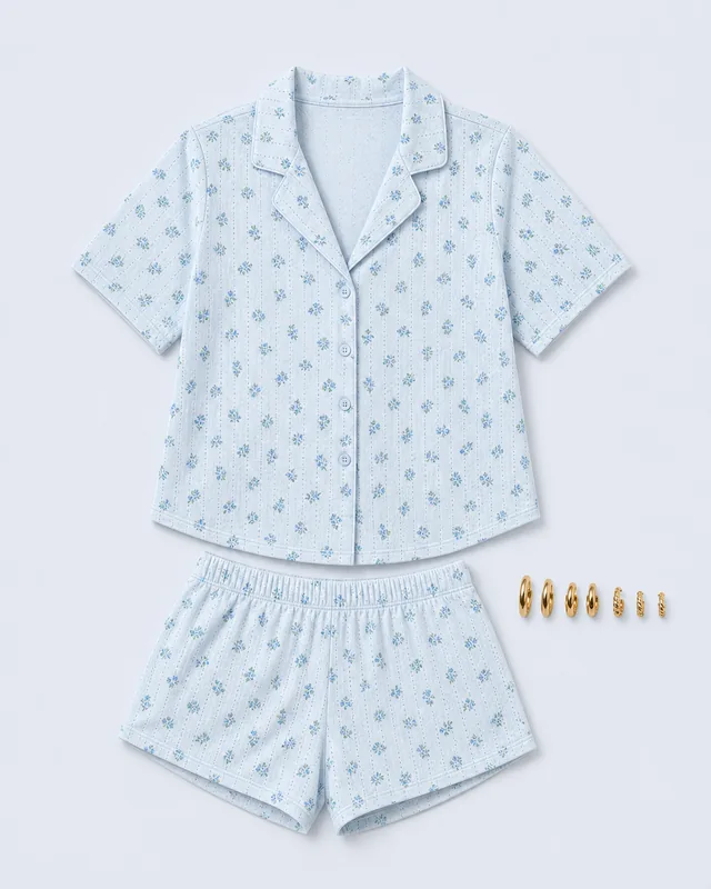 Camden Pointelle Breakfast Club button up shirt outfit flatlay with Camden Floral Pointelle Button Up Shirt, Camden Floral Pointelle Shorts, Mini Hoop Earrings Pack
