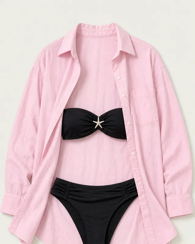 Kellen Beach Shirt Side Quest button up shirt outfit flatlay with Kellen Oversized Cotton Button Up Shirt, Starfish Ruched Bikini Bottom, Starfish Bandeau Bikini Top