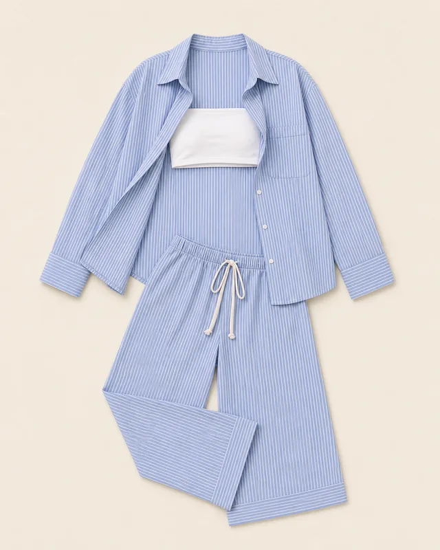 Oversized Pinstripe Couch Trial button up shirt outfit flatlay with Oversized Pinstripe Button Up Shirt, Pinstripe Pants, Marley Bandeau Top