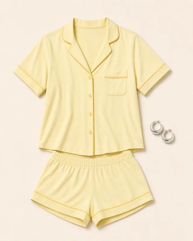 Tezlie Pajama Pocket Plot button up shirt outfit flatlay with Tezlie Button Up Shirt, Tezlie Shorts, Chunky Hoop Earring Set