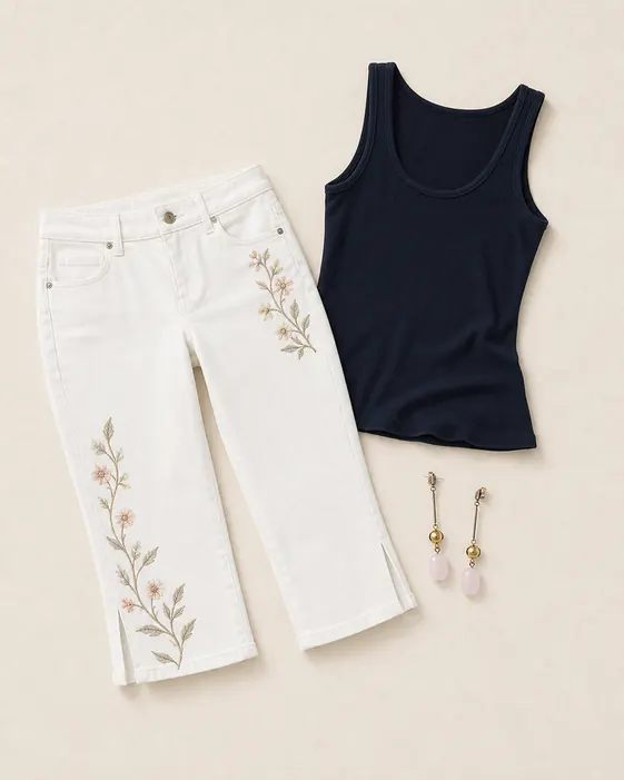 Clamdigger Tank Receipt capri pants outfit flatlay with Driftwood Clamdigger Capris, Ballad Reversible Tank, Check Mate Semiprecious Stone Drop Earrings
