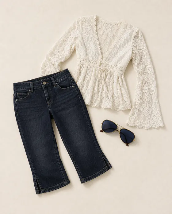 Dusk Capri Sunglasses Memo capri pants outfit flatlay with Dusk To Dawn Capri Jeans, Tatum Polarized Aviator Sunglasses, Whispering Love Lace Top