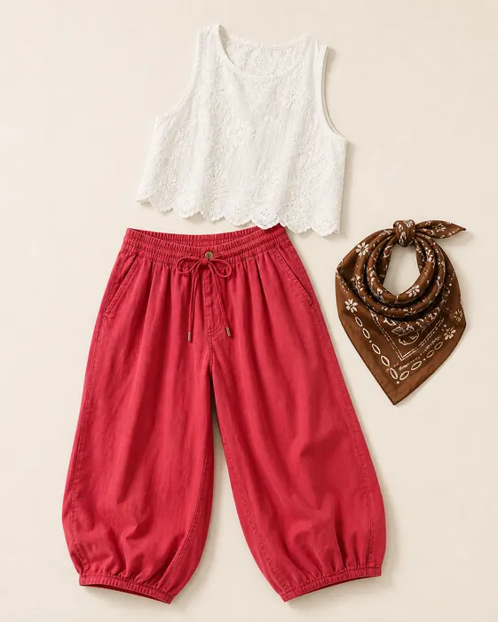 Harem Pants Bandana Agenda capri pants outfit flatlay with Sundry Cropped Harem Pants, Faded Gardens Tank, So Silk Bandana