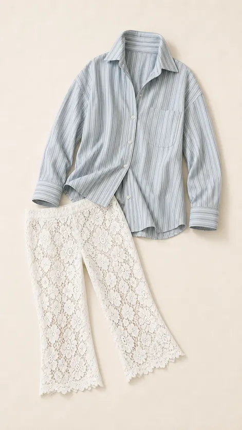 Isla Lace Shirt Appointment capri pants outfit flatlay with Isla Lace Capri, Sabine Striped Articulated Shirt