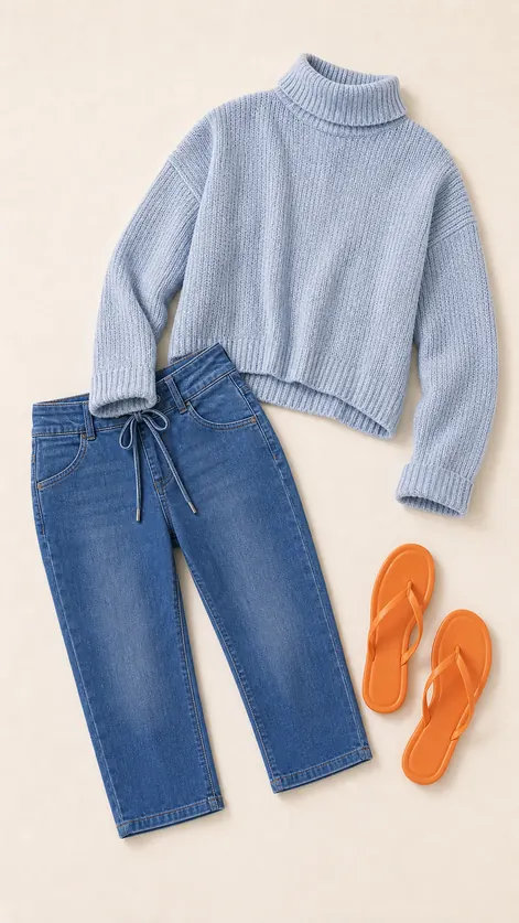Knockout Crop Sweater Exit capri pants outfit flatlay with Knockout Mid-Rise Crop Jeans, Opal Rollneck Knit Sweater, Around Town Flip Flops