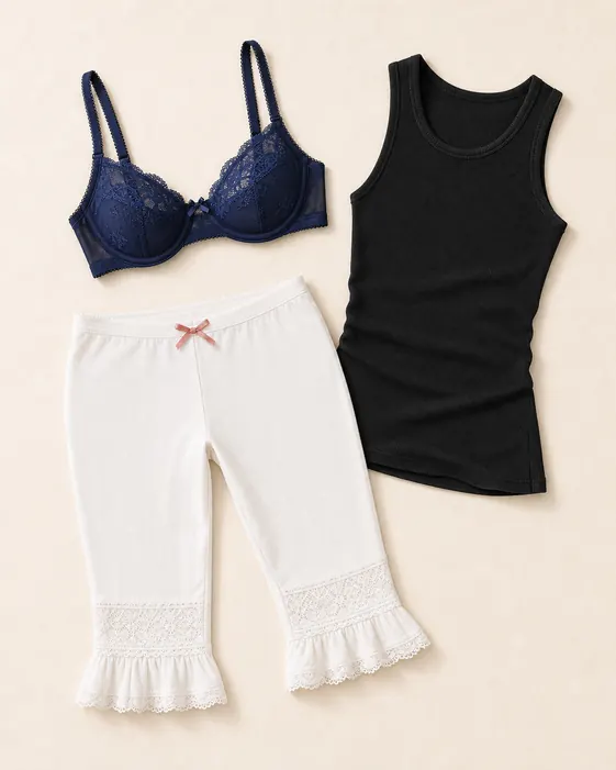 Little Love Tank Situation capri pants outfit flatlay with Little Love Capri, Fiona Mesh Demi Underwire Bra, Fresh In Love Tank