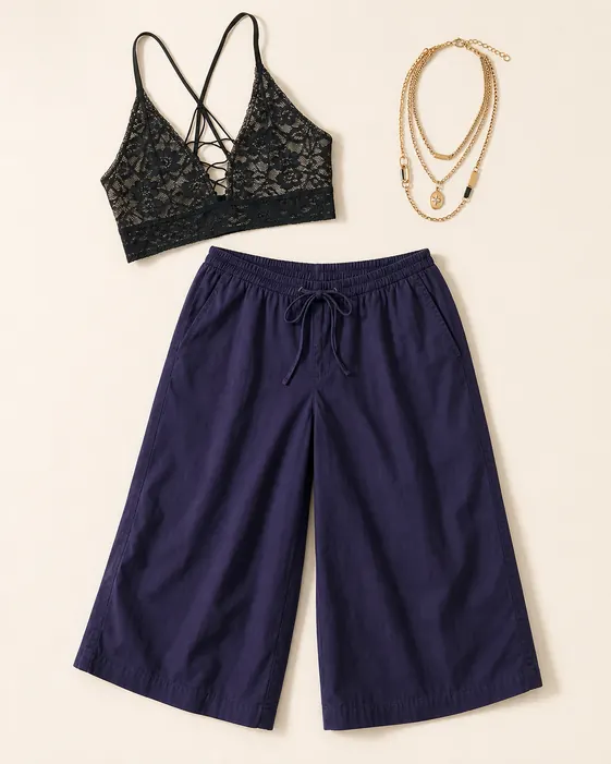 Menorca Capri Coffee Detour capri pants outfit flatlay with Menorca Slouchy Capris, Lace Up Seamless Longline Bralette, Last Call Layered Necklace