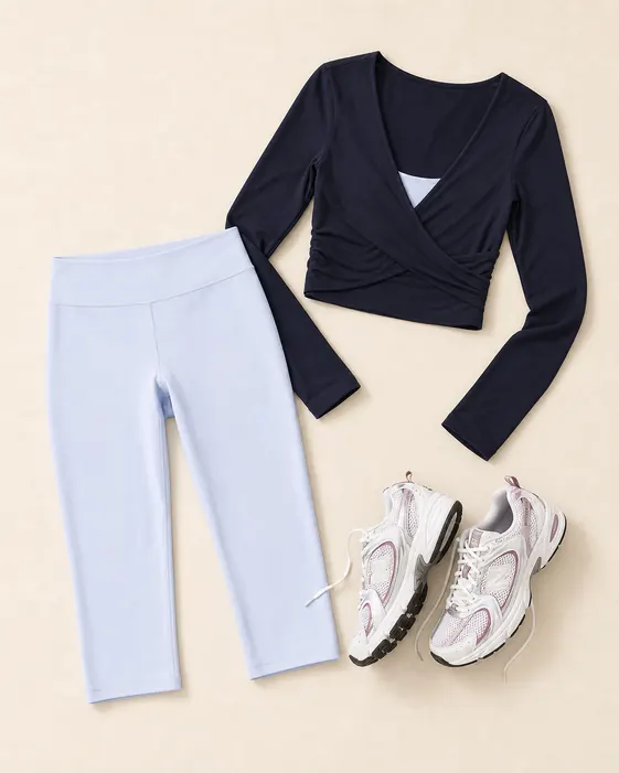 Never Better Sneaker Clause capri pants outfit flatlay with Never Better Capri Leggings, Vixen Long Sleeve Layer, New Balance 530 Sneakers