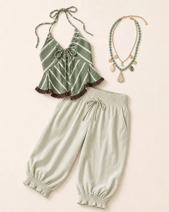 Taye Capri Stripe Theory capri pants outfit flatlay with Taye Smocked Cotton Capris, Stripes Ahoy Top, Serendipity Semiprecious Stone Strand Necklace